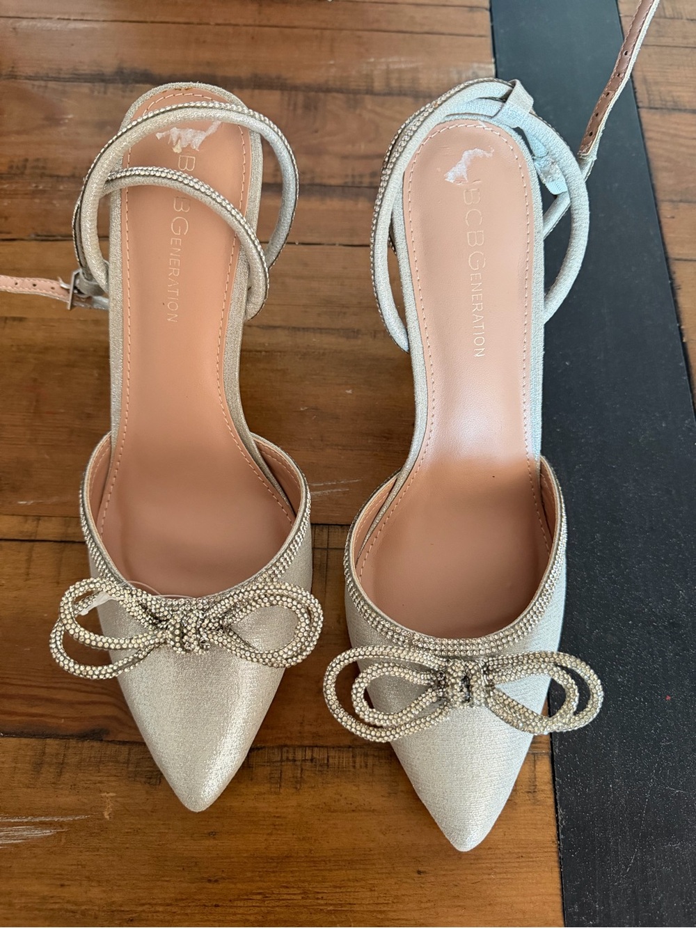 BCBGeneration Women's Metallic Champagne Pointed-Toe Ankle Strap Heels